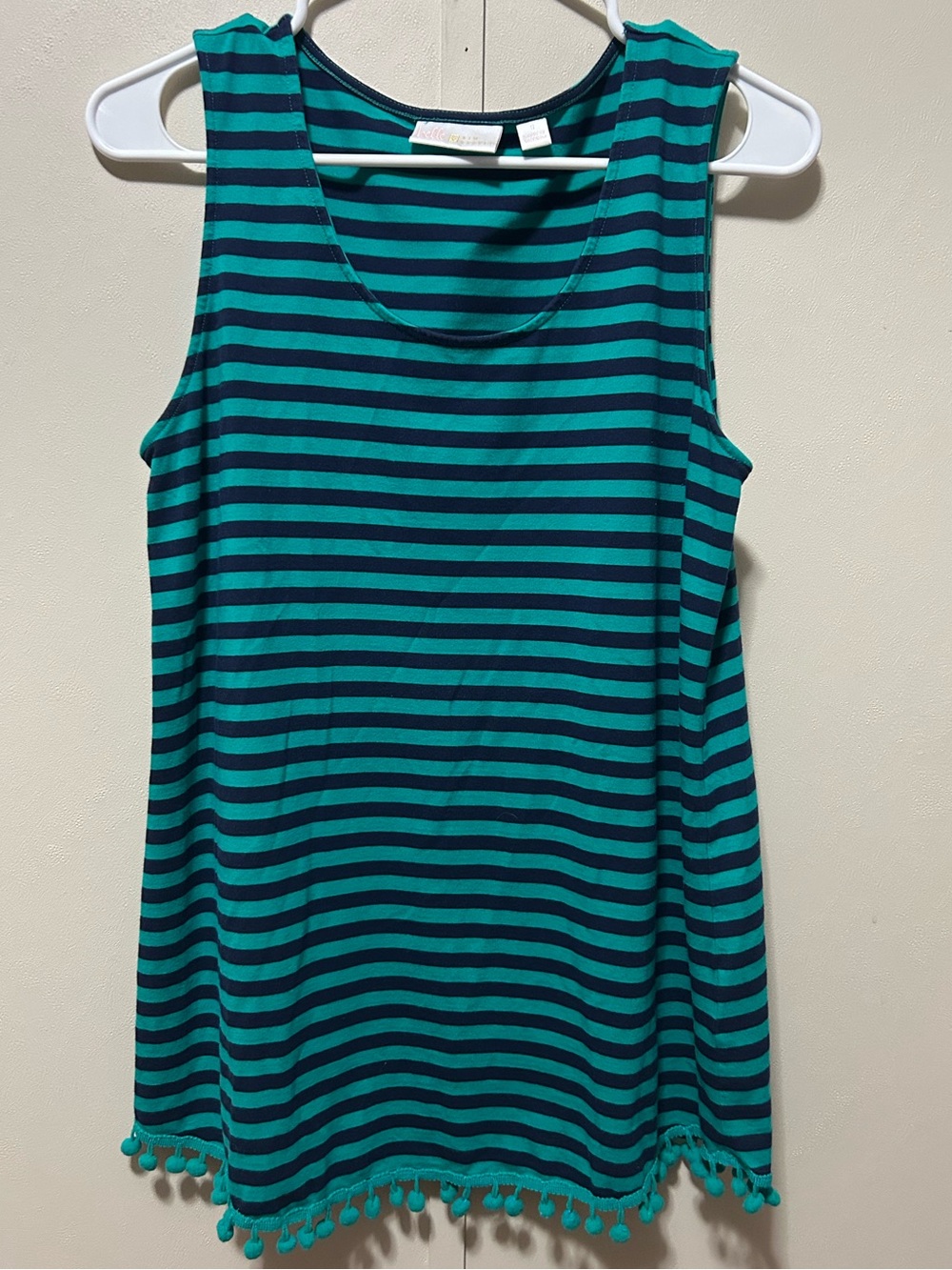 Belle by Kim Gravel Striped Teal & Navy Sleeveless Tank with Pom Hem